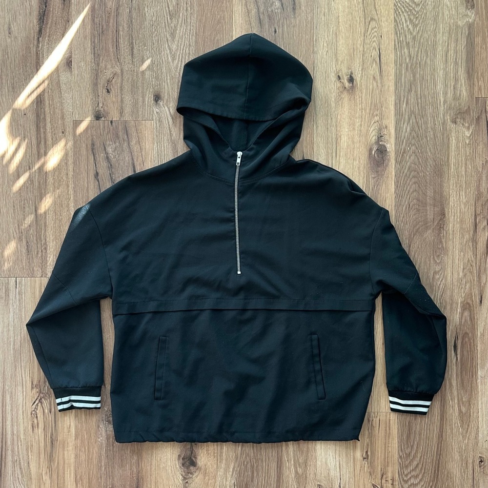 Avia Girls Black Quarter Zip Hoodie Pullover Striped Cuffs Size L 12-14